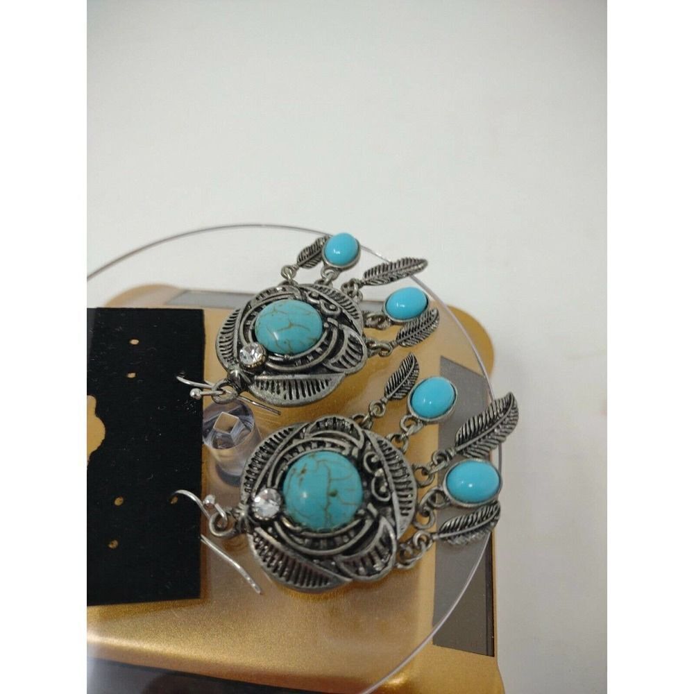 Dangly Earrings American Southwest USA Style Turquoise with Feathers and Stone - Picture 5 of 5